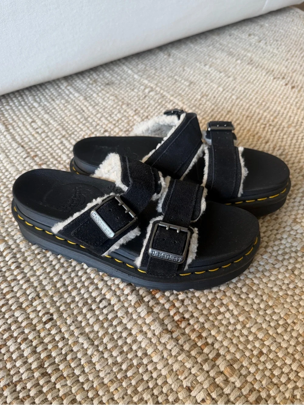 Dr. Martens Myles Suede Fur Lined Slide Sandals in Black
